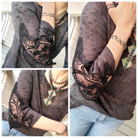 Buckle 3/4 Lace-sleeve Scoop Neck V-back Shimmery Rainbow Metallic Thread Tunic - Picture 4 of 16